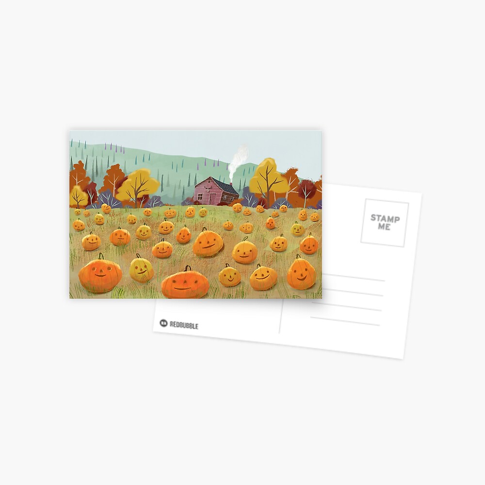 Happy Pumpkin Field - Halloween Illustration Postcard