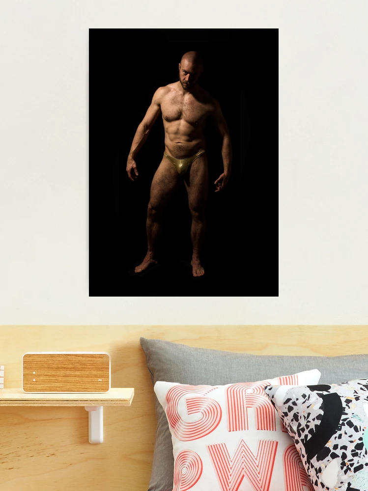 Naked muscular man covering crotch with shirt Throw Pillow