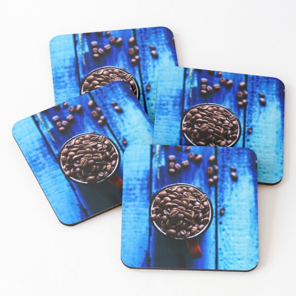 Item preview, cup of coffee and roasted coffee beans on blue wooden table designed and sold by lordthebeard.