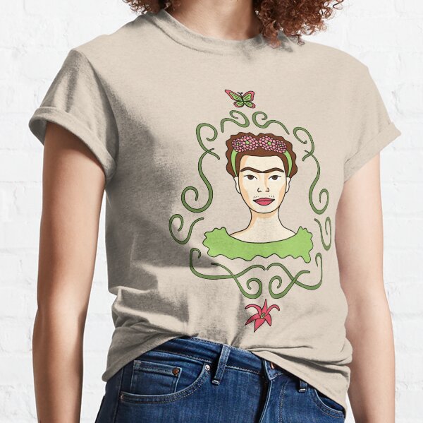 Cute Cartoon Frida Kahlo portrait with butterfly and orchid - pink and green Classic T-Shirt