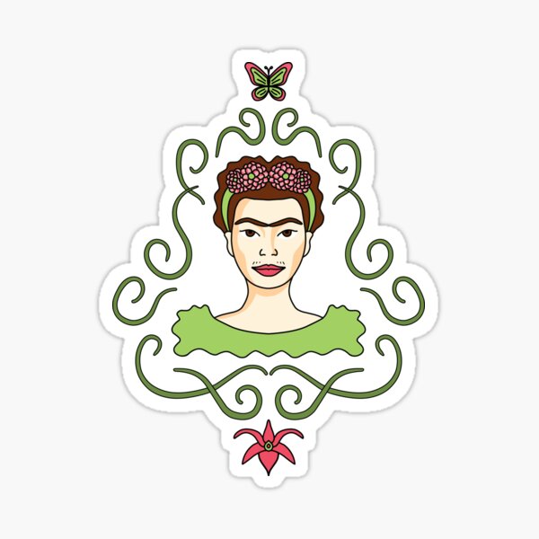 Cute Cartoon Frida Kahlo portrait with butterfly and orchid - pink and green Sticker