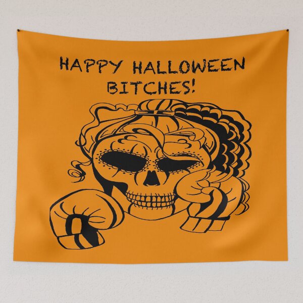 Item preview, HAPPY HALLOWEEN BITCHES! Skull Boxer on orange background, Boxing, Box, Boxer, gothic, halloween, spooky designed and sold by IslesArt.
