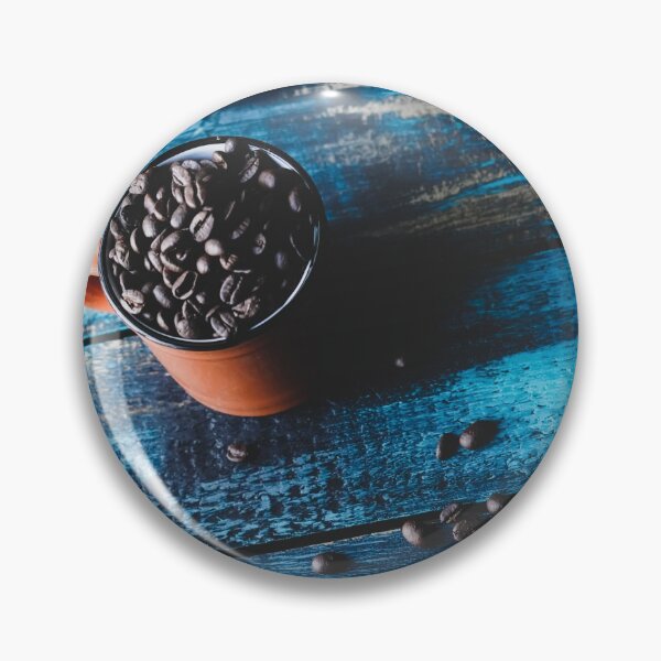Item preview, cup of coffee and roasted coffee beans on blue wooden table designed and sold by lordthebeard.