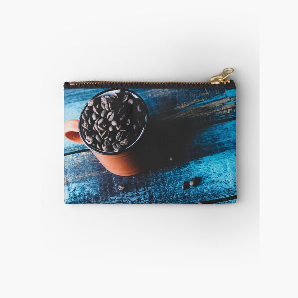 Item preview, cup of coffee and roasted coffee beans on blue wooden table designed and sold by lordthebeard.