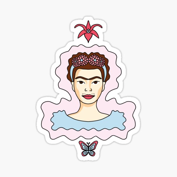 Cute Cartoon Frida Kahlo portrait with butterfly and orchid - pink and blue Sticker