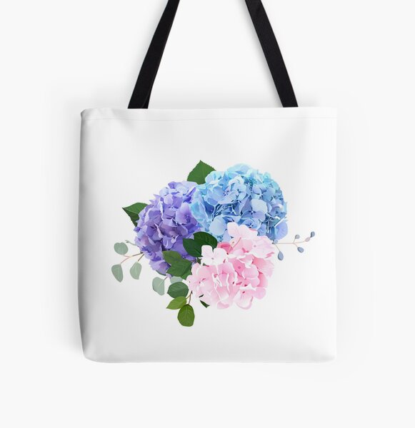 Blue, pink and purple hydrangea, orchid, rose, white chrysanthemum, All Over Print Tote Bag