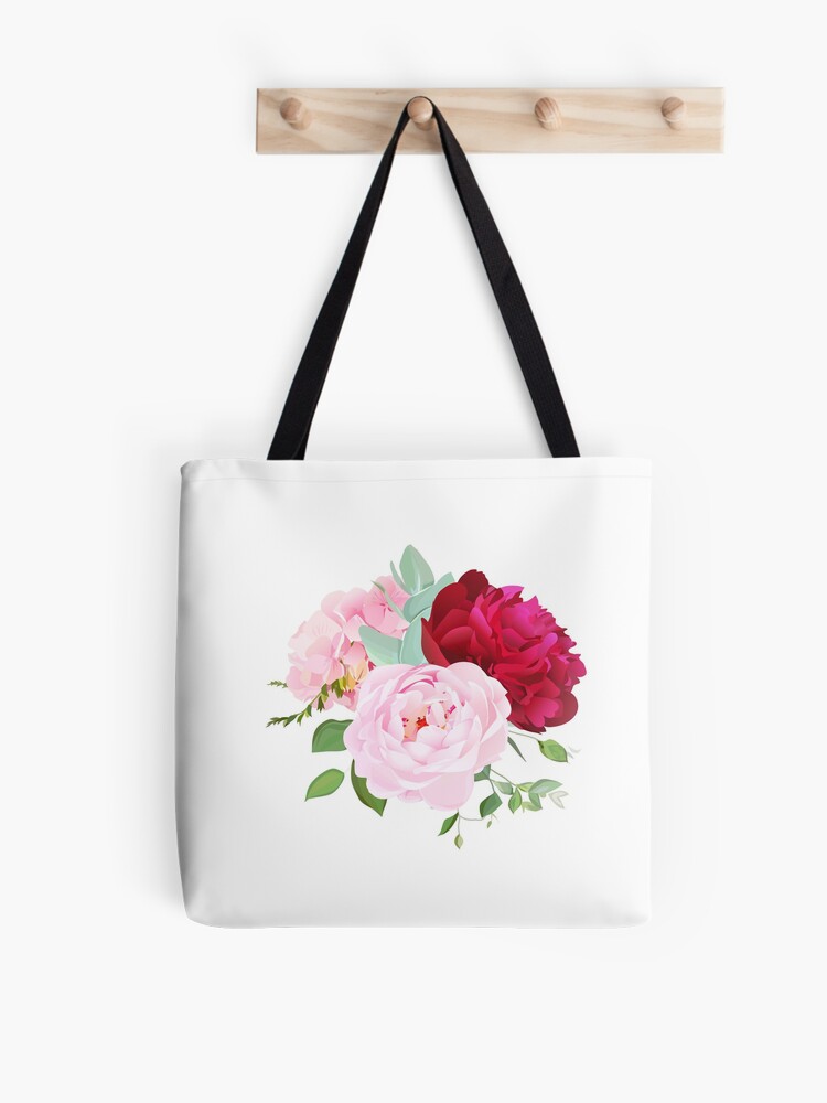 Bolsa de tela «Floración flor de peonía roja blanca y burdeos, hortensia  rosa, rosa» de lavendertime | Redbubble