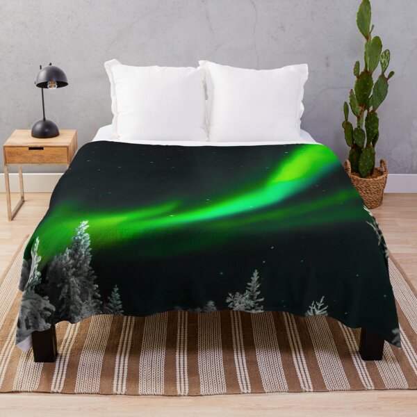 Item preview, Northern lights and snow pines, Alaska, Aurora borealis galaxy night turquoise sky space view bestseller Throw blanket designed and sold by August-E.