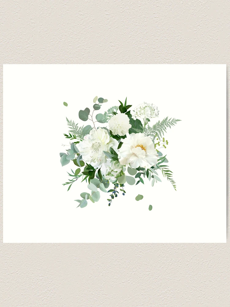 Silver sage green, mint, blue, white flowers vector design spring bouquet.  | Art Board Print