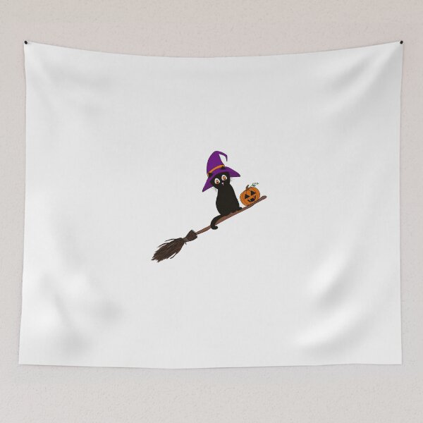 Item preview, Halloween Cat on a Broomstick with a Jack-o-Lantern Pumpkin designed and sold by kenzikreations.