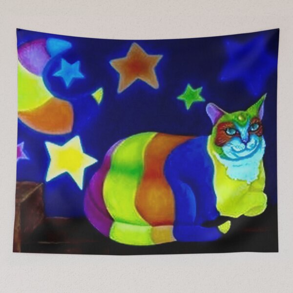 Item preview, Colorful cat called bombon on the roof under the moon and stars designed and sold by decasoart.