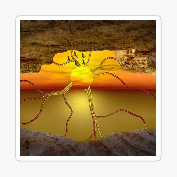 Sunset view from a cave with beaded sunrays Sticker