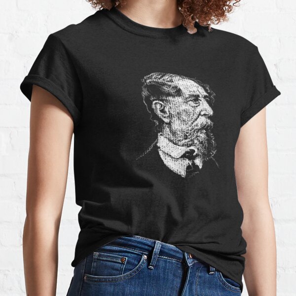 Charles Dickens, Portrait, White on Black Classic T-Shirt