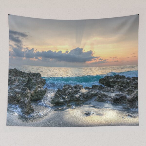 Item preview, Waves breaking on rocky beach at sunrise designed and sold by Steven Kight.