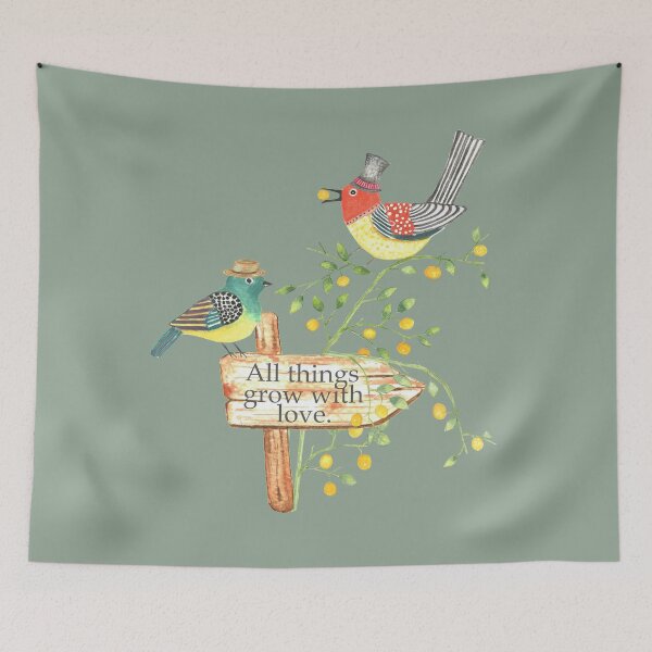 Item preview, All things grow with love birds on hats designed and sold by latiendadearyam.