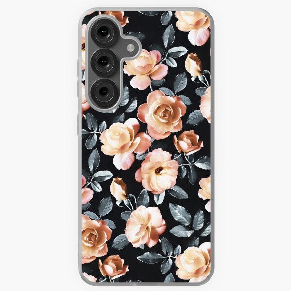 Aperçu de l'œuvre Roses abricot vintage avec feuilles de charbon de bois sur fond noir créée et vendue par micklyn.