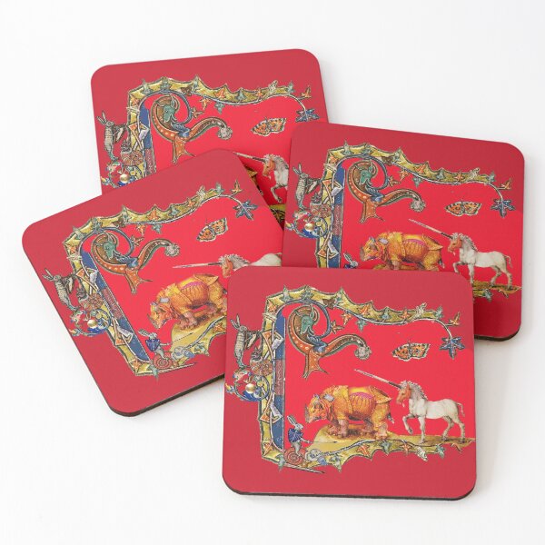 Item preview, WEIRD MEDIEVAL BESTIARY IN RED, DRAGON,UNICORN ,RHINO AND KILLER RABBIT designed and sold by BulganLumini.