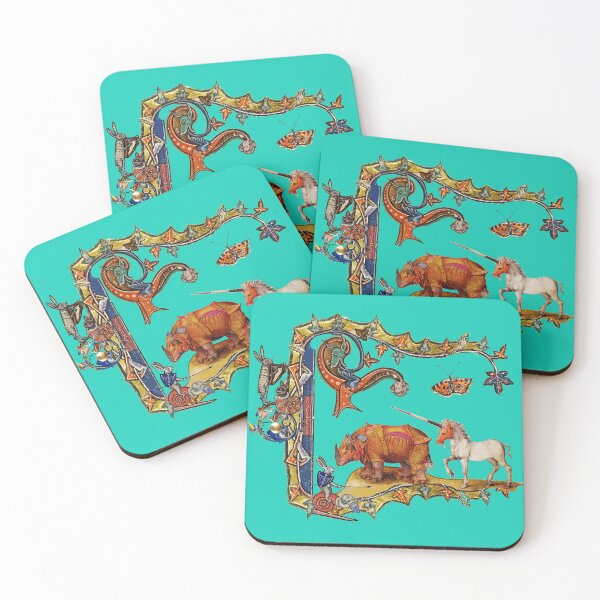 Item preview, WEIRD MEDIEVAL BESTIARY IN TURQUOISE BLUE, DRAGON,UNICORN ,RHINO AND KILLER RABBIT designed and sold by BulganLumini.