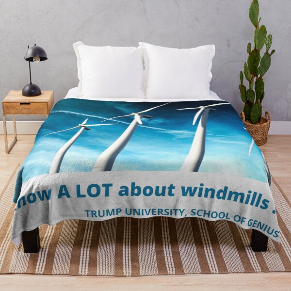 Item preview, I know A LOT about windmills ... More Trump wisdom from Trump University, School of Genius. White windmills, blue sky and text designed and sold by JellyBeenzz.