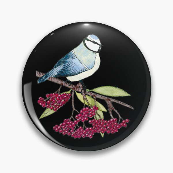Item preview, Watercolor Blue Bird on a Branch of Rowan  - Black Background designed and sold by AlicjaCurioseur.