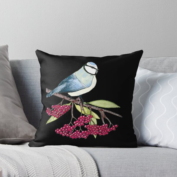 Item preview, Watercolor Blue Bird on a Branch of Rowan  - Black Background designed and sold by AlicjaCurioseur.