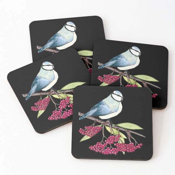 Item preview, Watercolor Blue Bird on a Branch of Rowan  - Black Background designed and sold by AlicjaCurioseur.