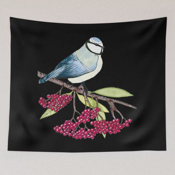 Item preview, Watercolor Blue Bird on a Branch of Rowan  - Black Background designed and sold by AlicjaCurioseur.