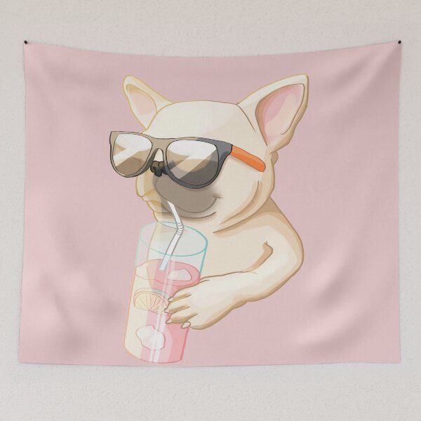 Item preview, French bulldog with sunglasses having a cocktail, pet disneyfication designed and sold by Sofia Dimitriadou.