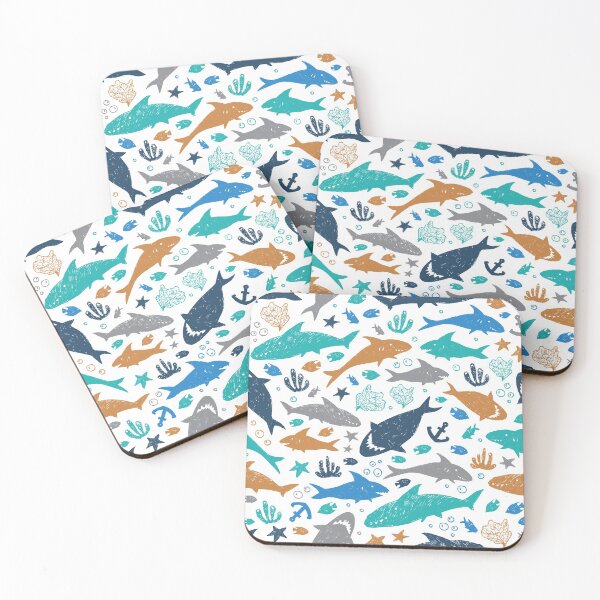 Item preview, Vector white colourful cute shark pen sketch repeat pattern.  designed and sold by jamiesoondesign.