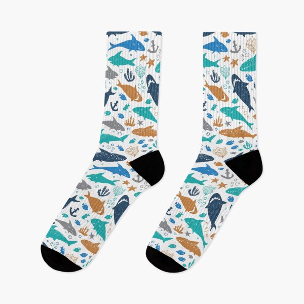 Item preview, Vector white colourful cute shark pen sketch repeat pattern.  designed and sold by jamiesoondesign.