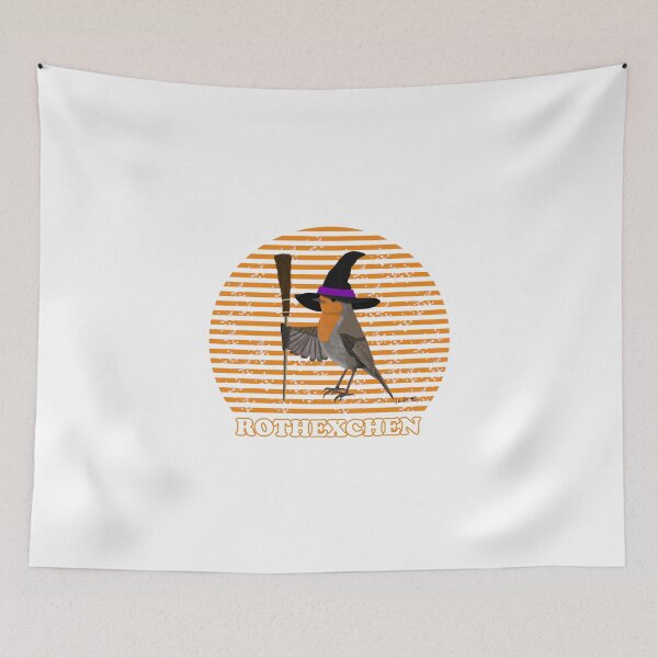 Item preview, Halloween bird motif robin as a witch with witch hat and witch broom orange designed and sold by jz-birds.