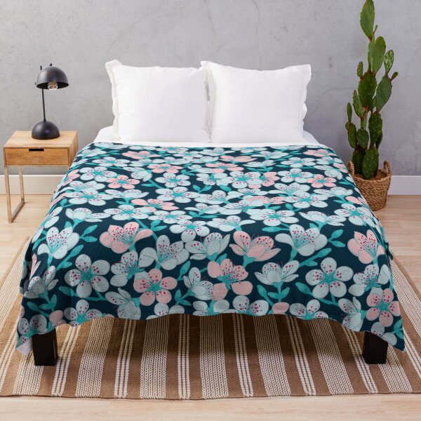 Item preview, Vector dark blue cyan background with light blue and light red cherry blossom sakura flowers seamless pattern background. designed and sold by jamiesoondesign.