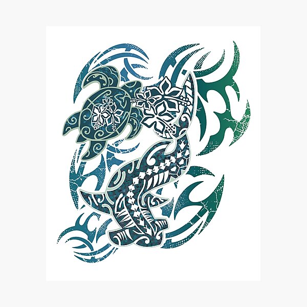 Item preview, Dark Hawaiian Tribal Hammerhead Shark And Turtle designed and sold by sunnthreads.