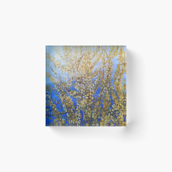 Item preview, Yellow forsythia blossom against a blue background designed and sold by esvb.