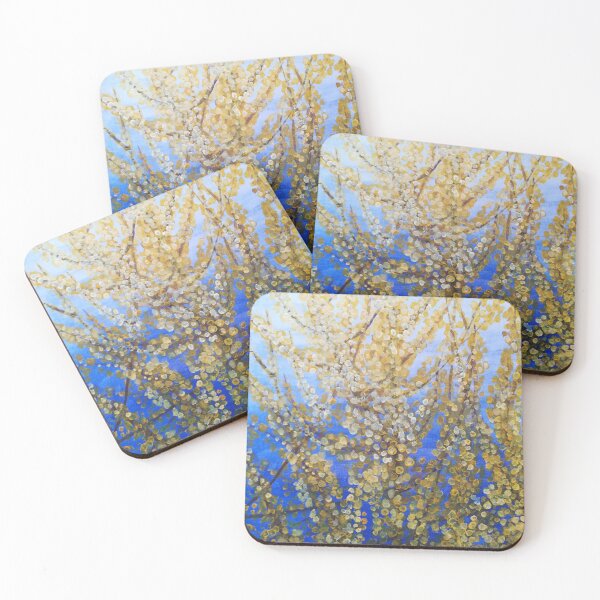 Item preview, Yellow forsythia blossom against a blue background designed and sold by esvb.