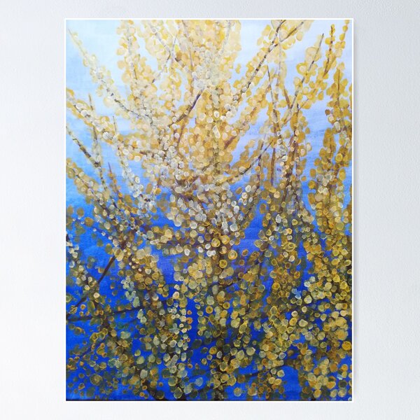 Item preview, Yellow forsythia blossom against a blue background designed and sold by esvb.