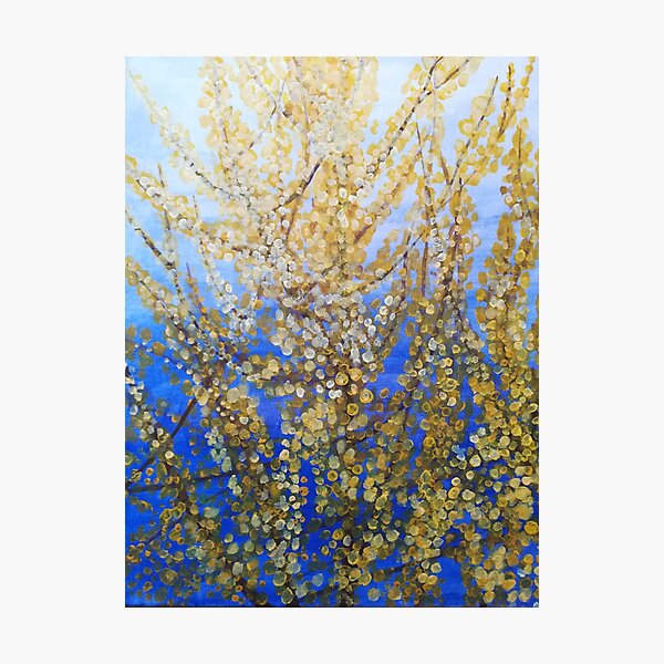Item preview, Yellow forsythia blossom against a blue background designed and sold by esvb.