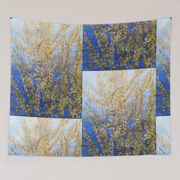 Item preview, Yellow forsythia blossom against a blue background designed and sold by esvb.