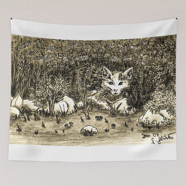 Item preview, Hiding Cat in flower garden illustration antique beige  designed and sold by GittaG74.