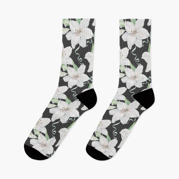 Item preview, Pattern of white lilies on a black background designed and sold by Shilovka.