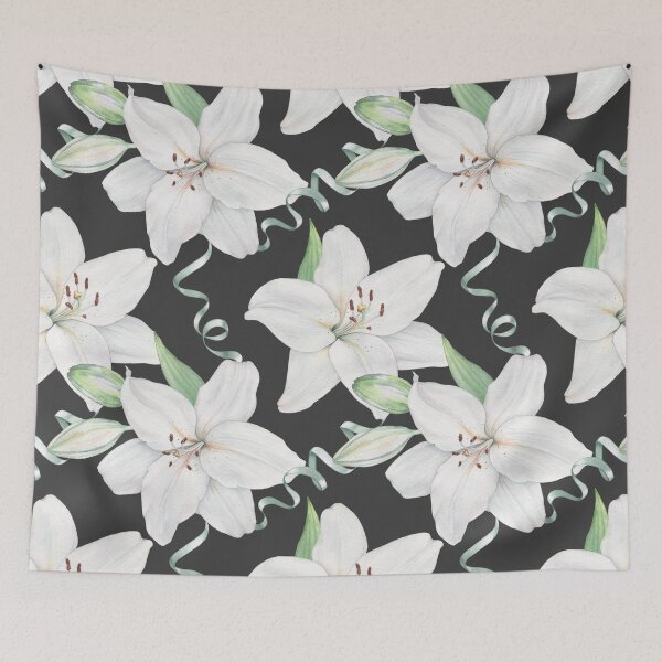 Item preview, Pattern of white lilies on a black background designed and sold by Shilovka.