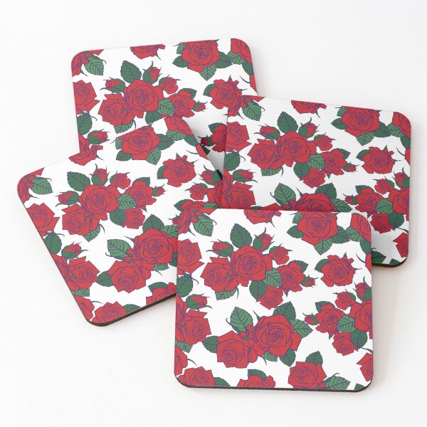 Item preview, Vector red roses and green leaves with purple outlines againts white background seamless pattern.  designed and sold by jamiesoondesign.