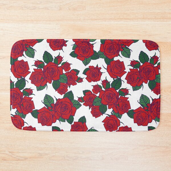 Item preview, Vector red roses and green leaves with purple outlines againts white background seamless pattern.  designed and sold by jamiesoondesign.