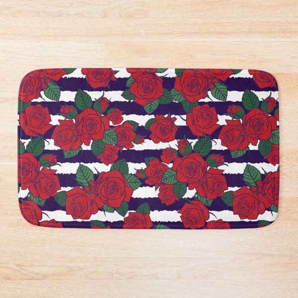 Item preview, Vector red roses and green leaves with purple outlines againts purple and white stripes background seamless pattern.  designed and sold by jamiesoondesign.