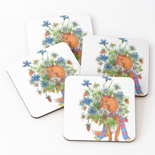 Item preview, Cute fox with a bouquet of daisies, cornflowers and wild strawberries. Bright illustration with colored pencils and ink. designed and sold by Yovin11.