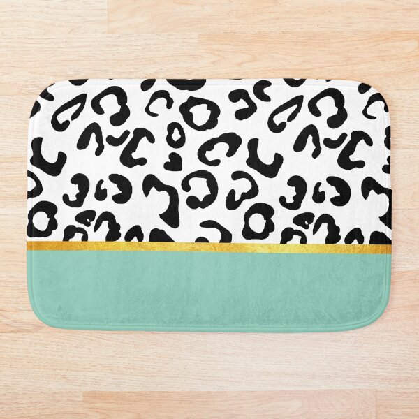 Black and white leopard print on mint, golden lining Bath Mat