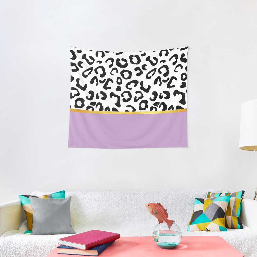 Black and white leopard print on purple, golden lining Tapestry