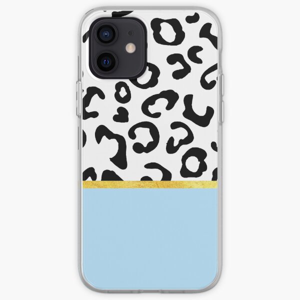 Black and white leopard print on light blue, golden lining iPhone Soft Case