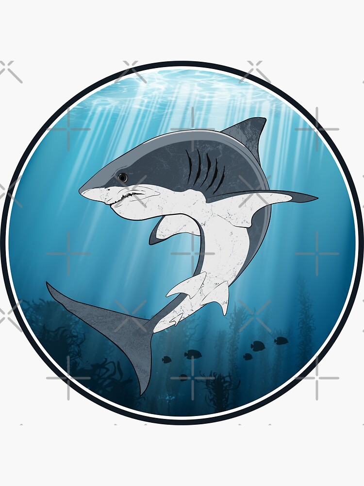 Great White Shark Cartoon in Ocean Retractable Reel Chrome Badge