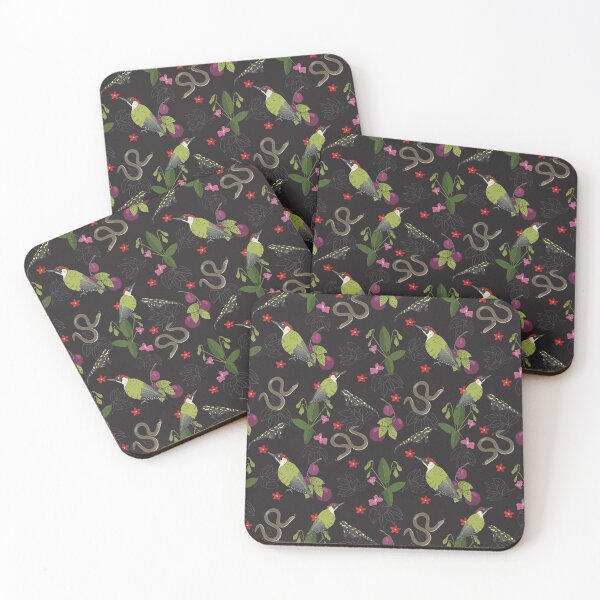 Item preview, Green woodpecker, salamander, slow worm, plums and flowers, a pattern inspired by forest trips in the Czech Republic. Large pattern designed and sold by Naty Design Prague.